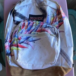 JanSport Big Student Art aPrint Backpack leather bottom. Large pockets
